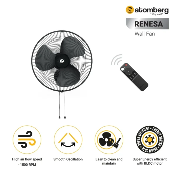 atomberg Renesa 400mm Wall Mount Fan    1+1 Year Warranty (Midnight Black) - Image 2