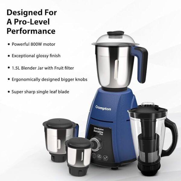 Crompton Duroelite Plus 800W, Mixer Grinder, 4 Jars - Image 6