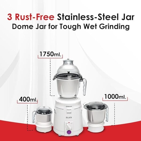 Sujata Dynamix 900 Watts Mixer Grinder | 22000 Rotations Per Min | 90 Minutes Continuous Running | 3 Versatile Jars 1500 ml, 1000 ml and 400 ml - Image 2