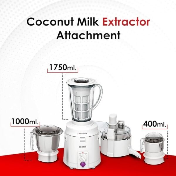 Sujata Multimix 900 Watts Mixer Grinder with Juicer | 22000 Rotations Per Min | 90 Minutes Continuous Running | 3 Versatile Jars 1750 ml, 1000 ml and 400 ml | Coconut milk extractor attachment - Image 3