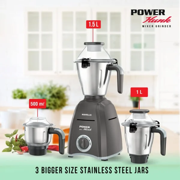 HAVELLS Power Hunk 800 W Mixer Grinder  (Power Hunk | 3 Jars | Grey) - Image 2