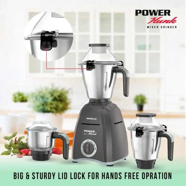 HAVELLS Power Hunk 800 W Mixer Grinder  (Power Hunk | 3 Jars | Grey) - Image 4