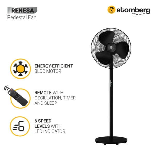 atomberg Renesa 400mm Pedestal Fan ,1+1 Year Warranty (Midnight Black) - Image 2