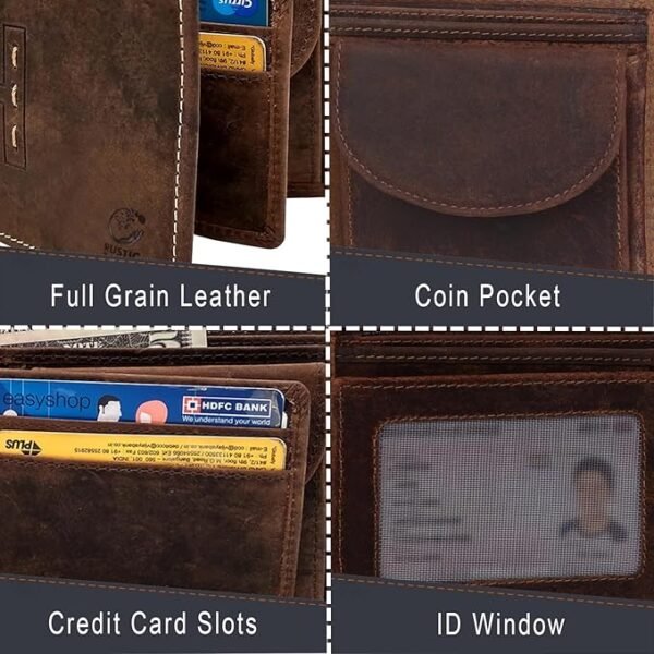 RUSTIC TOWN Mens Wallets - Full Grain Leather Rfid Wallet for Men With ID Window, Card Slots and Coin Pocket (Large, Dark Brown) - Image 4