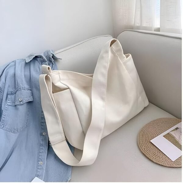 Women Canvas Tote Bag, Solid Color Shoulder Bag With Zipper Closure, Canvas Handbag For Shopping, Travel, Work, Beach, Office, College - Image 5